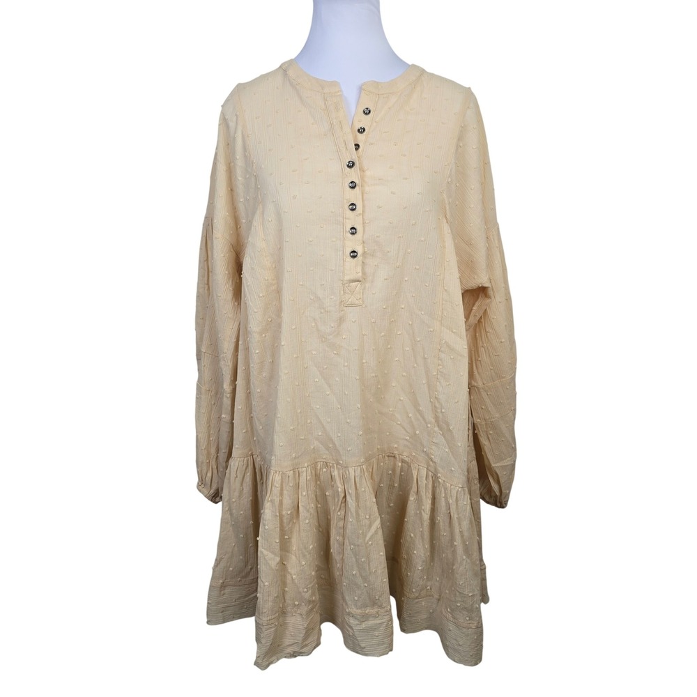 Cara Loren Swiss Dot Henley Babydoll Dress Coverup‎ Yellow Cream Sheer Small NWT